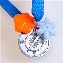 Race with the Sled Dogs Bundle by Fitness Finders: Silver compass, white snowflake, and orange paw print tokens on a blue lanyard, student fitness awards