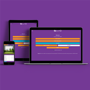 EZ Scan Class Run App by Fitness Finders: EZ Scan app on desktop, tablet and mobile screens, against a purple background