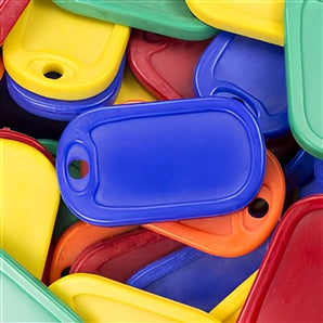 Jumbo Dog Tag by Fitness Finders: Colorful dog-tag style tokens in blue, red, orange, and yellow, student motivation awards